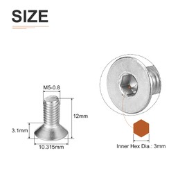 DTGN M5-0.8 x 12mm Flat Head Socket Cap Screws, 25 Pack 304 Stainless Steel Hex Socket Flat Head Screws, Full Thread, Countersunk Bolts
