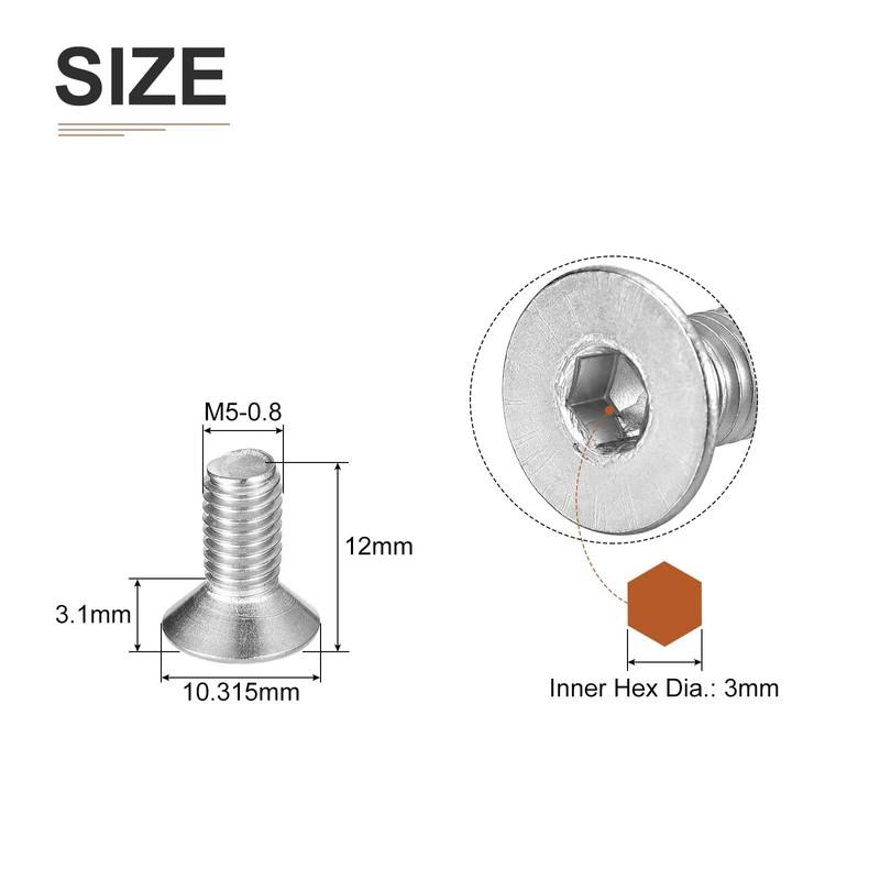 DTGN M5-0.8 x 12mm Flat Head Socket Cap Screws, 25