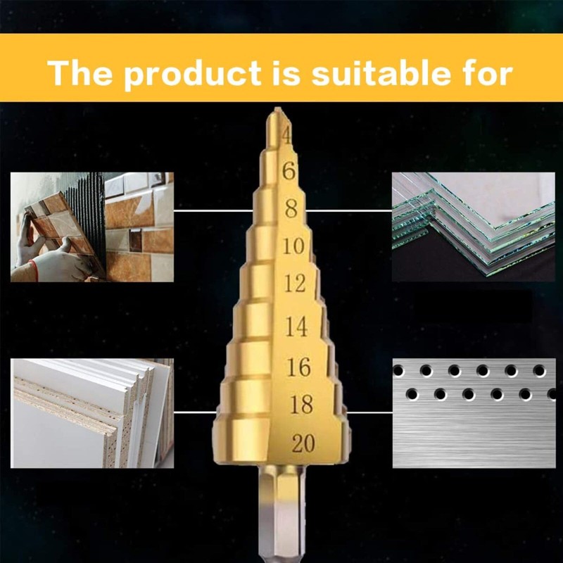 3PCS Step Drill Bit Set, High-Speed Steel Titanium Coated Cone