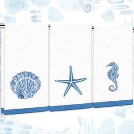 FYSUIMU 3 Pack Ocean Sea Hand Towel Cotton Embroidered Seashell Starfish Seahorse Bathroom Towel Blue and White Dish Towel for Summer Hand Drying Cleaning Cooking, 29.5 x 13.7 Inch