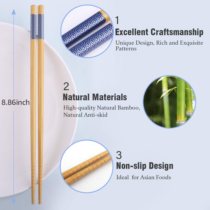 GLAMFIELDS Reusable Chopsticks Japanese Natural Bamboo Classic Style 5 Pairs