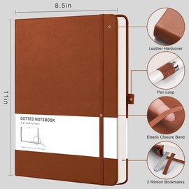 RETTACY Dotted A4 Notebook Journal -192 Pages Note Book for Bullet, Hardcover Leather Notepad with Pen Loop for Women Men Work Office School (21.5 x 27.9cm)-Brown