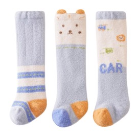 IYOU 3 Pairs Baby Knee Socks Blue Thick Socks Soft Warm Kids Toddler Baby Girl Boy Thermal Crew Socks