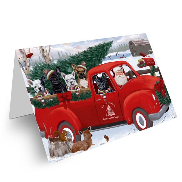 Christmas Santa Express Delivery Red Truck French Bulldogs Greeting Cards - Adorable Pets Invitation Cards with Envelopes - Pet Artwork Christmas Greeting Cards GCD68936 (10 Greeting Cards)