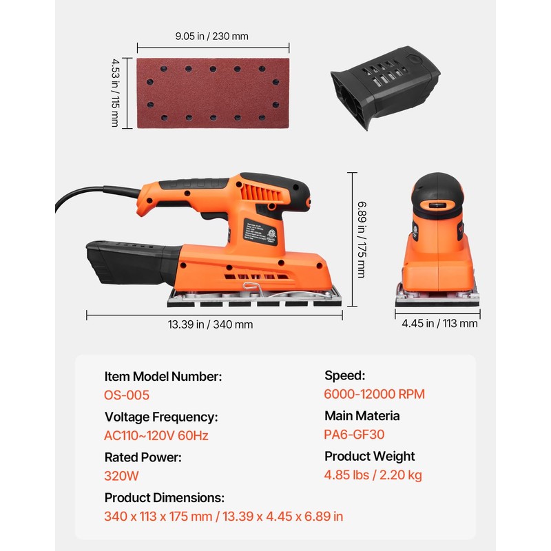 VEVOR Sheet Sander, 1/2 Sheet 2.5A Electric Sander for Woodworking,