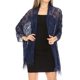 Sakkas 1929 - Mari Women's Large Lightweight Soft Lace Scarf Wrap Shawl Floral and Fringe - Style2-Navy - OS