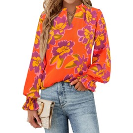 MASCOMODA Womens V Neck Floral Long Sleeve Tops 2024 Summer Casual Loose Puff Sleeve Chiffon Boho Work Blouse Dressy T Shirts(Orange Purple Flower,Large)