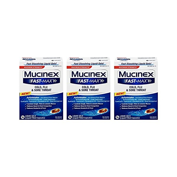 Mucinex Fast-Max Max Strength, Cold, Flu, Sore Throat (Pack of 3/Liquid Gels)