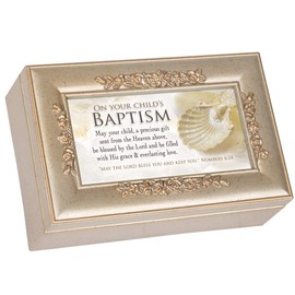 Cottage Garden On Your Child's Baptism Champagne Silver Petite Rose Music Box Plays Amazing Grace