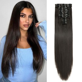 Clip in Hair Extensions 12PCS 180g 22inch Long Straight Synthetic Fiber Clip in Hair Extension for Women #4 Black Brown Color