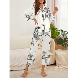 Husmeu Pyjamas for Women Silk Pjs Sets Cute Tiger Pattern Long Sleeve Two Piece Button Down Sleepwear Loungewear White Tiger S