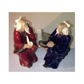 Bonsai Boy Ceramic Figurine Two Men Sitting On A Bench Color Red & Blue