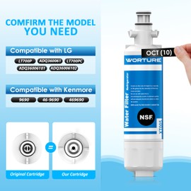 LT700PC, ADQ360061, 9690, Refrigerator Water Filter, NSF 42 Certified, Replacement for LG Fridge Filter LT700P, LT700PCS, ADQ36006101, ADQ36006102, KENMORE Elite 46-9690, 469690, WORTURE XT005, 3-Pack