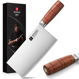 XINZUO 7.4 Inch Professional Chinese Chef Knife,Razor-Sharp Composite Stainless Steel Cleaver Kitchen Knife For Cutting Meat，Vegetable With Red Wood Handle