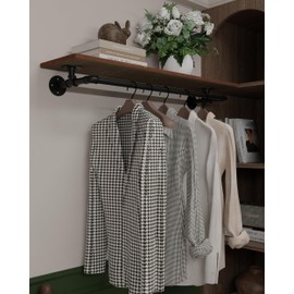 TEDIDUWA Clothes Rack 42in, Wall Mounted Garment Rack with Real Wood Shelf, Heavy Duty Hanging Clothes Rack, Multi-Purpose Hanging Rod, Space-Saving Closet Storage