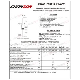 (Pack of 100 Pieces) Chanzon 1N4007 Rectifier Diode 1A 1000V DO-41 (DO-204AL) Axial 4007 IN4007 1 Amp 1000 Volt Electronic Silicon Diodes