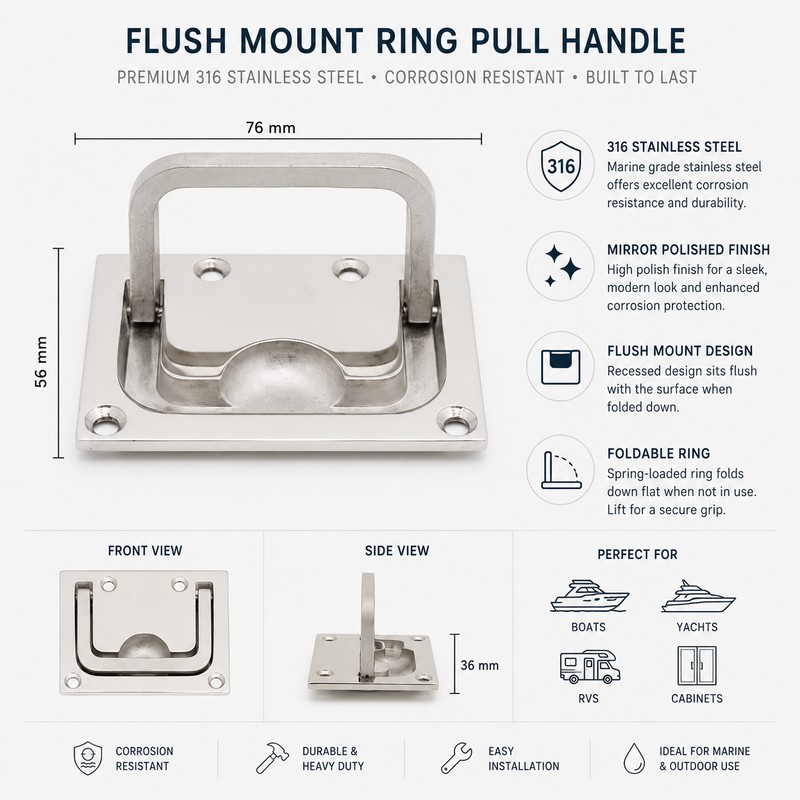 316 Stainless Steel Ring Pull Handle for Flush Mount Use