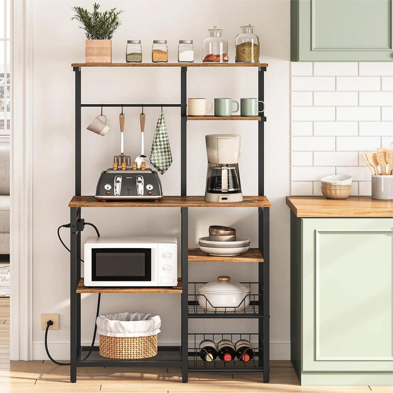 HOOBRO Large Bakers Rack with Power Outlets, 6-Tier Microwave Stand