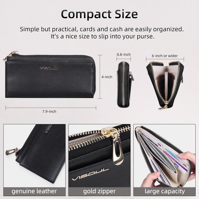 VISOUL Genuine Leather Long Wallet L017, Black and light grey