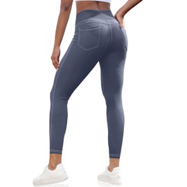 VOOVEEYA Curvy Womens Leggings 25", Tummy Control Yoga Pants with Back Pockets High Waisted Buttery Soft 7/8 Leggings (25 in Grey Blue XL)