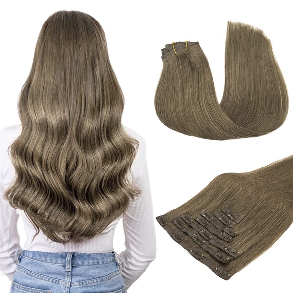 MAXITA Clip-In Real Hair Extensions, 50 cm / 20 Inches, 110 g, 7 Pieces, Medium Light Brown, PU Clip-In Extensions, Seamless Real Hair Extensions
