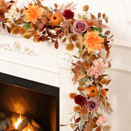 6FT Fall Garland for Mantle, Pumpkin Dahlia Garland Fall Decor