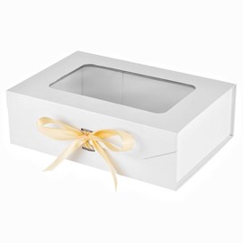 PLINJOY White Gift Box for Presents with Ribbon 10.8x7.5x3.5 Inches Clear Gift Box with Window Magnetic Closure Gift Boxes with Lids
