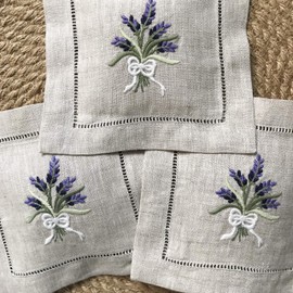 Hand Embroidered Lavender Sachet Bag Wheat Embroidery Natural Linen 6"x6", Set of 3