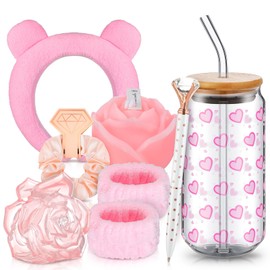 Skylety 7 Pcs Valentine's Day Gifts for Her Pink Theme Gifts Set Love Cup Rose Claw Clip Scented Candle Diamond Pen Hairband Wrist Bands Hair Scrunchy Wedding Gifts for Wife Girlfriend Mom