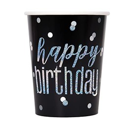 Unique 82246 Paper Cups-266 ml-Glitz Foil Black & Silver Pack of 8, Happy Birthday