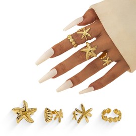 COYUN Pack of 4 Gold Rings for Women Chunky Rings Chunky Rings Knuckle Rings Open Adjustable Ring Stackable Finger Ring Gold Chunky Dome Ring Thick Open Rings Set Starfish Rings for Women