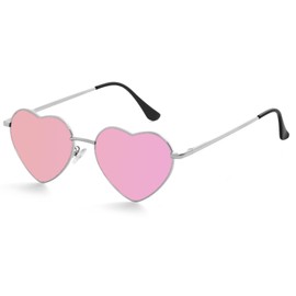 Kursan Polarized Heart Sunglasses for Women Metal Frame Fashion Lovely Style Sun Glasses UV400 Protection (Silver/Pink Mirrored)