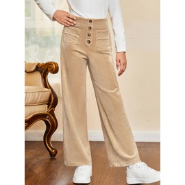 blibean Teen Girls Uniform Straight Pants Big Kids School Dress Fleece Lined Leggings Fall Elastic Dressy Stretchy Bottoms High Waisted Bootcut Slacks Size 12-13 Years Old Khaki