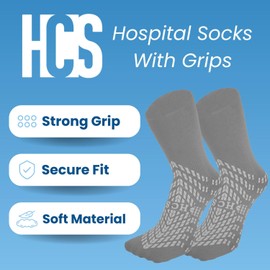 HCS Bariatric Non-Slip Hospital Socks with Grips for Women & Men (6 Pairs) - 360 All-Around Tread Non-Slip Sock for Elderly/Seniors - Hospital Grip Socks, Fall Risk Patient Slippers (Gray)