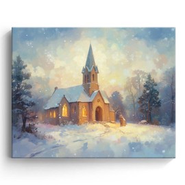 Christmas Canvas Wall Art Decor - Snowy Church Scene with Warm Lights - Winter Holiday Decor for Living Room, Bedroom or Office - Religious Seasonal Wall Art for Festive Atmosphere 8X10 inch