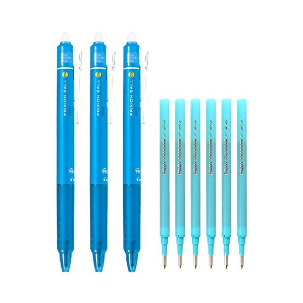Pilot FriXion Ball Knock Retractable Erasable Gel Ink Pens, Extra Fine Point 0.5mm, Light Blue Ink, 3 Pens & 6 Refills Value Set