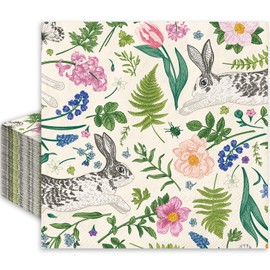 JarThenaAMCS 50Pcs Easter Napkins Retro Rabbit Flower Paper Luncheon Napkins Vintage Bunny Botanical Disposable Dinner Hand Napkins for Easter Spring Party Supplies