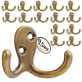 Coat Hooks Wall Hooks for hanging - Bronze Heavy Duty Hooks - Double Prong Metal Hooks - for Coats, Bags, Hats, Towels, Bathroom, Closet, Sturdy, Durable, Rust-Resistant, Easy Installation, 15 pack