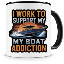 Samunshi® Boot Tasse mit Spruch Work Support Boat Addiction Geschenk für Schiff Fans Kaffeetasse große Tassen zum Geburtstag Yacht Segeln Ozean Segelyacht Schiffahrt Kapitän 300ml schwarz