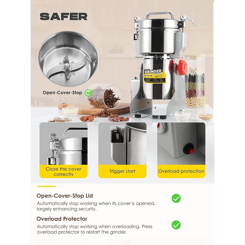 CGOLDENWALL 300g Electric Grain Grinder Mill Safety Upgraded 1500W High-speed