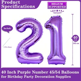 Purple 21 Number Balloons, 40 Inch Giant Number 21 Balloons Foil Mylar Helium Purple Number Balloons for 21th Birthday Party Supplies Anniversary Event Celebration Decorations
