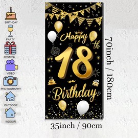 Tecreo 18th Birthday Decoration Background Door Decoration Banner Fabric Sign, Gold, Black, 35.4"x70" with 4 Copper Eyelets