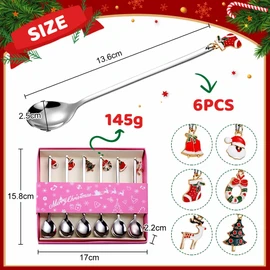 Christmas Spoon Set, 6 Pieces Coffee Spoons, Stainless Steel Gifts, Long Spoon with Christmas Pendant, Christmas Table Decoration, Christmas Cutlery Christmas Dessert Tea Mixing Spoon with Gift Box