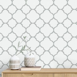 GloryTik Grey and White Peel and Stick Wallpaper Modern Trellis Contact Paper Removable Self Adhesive Geometric Waterproof Wall Paper for Bathroom Cabinets Living Room Wall Decor Vinyl Roll 17.7"ｘ197"