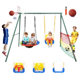 CYFIE Swing Sets for Backyard, 3-in-1 Kids Swing Set and Saucer Swing, Outdoor 440lbs Heavy Duty Metal Frame Stand, Basketball Hoop and Soccer Goal, Toddler Playset for Backyard, Playground
