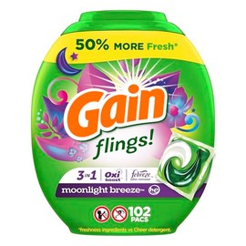 Gain Flings Laundry Detergent Pacs, 102 Count, Moonlight Breeze Scent, 3 in 1 HE Detergent Pacs with Oxi Boost and Febreeze