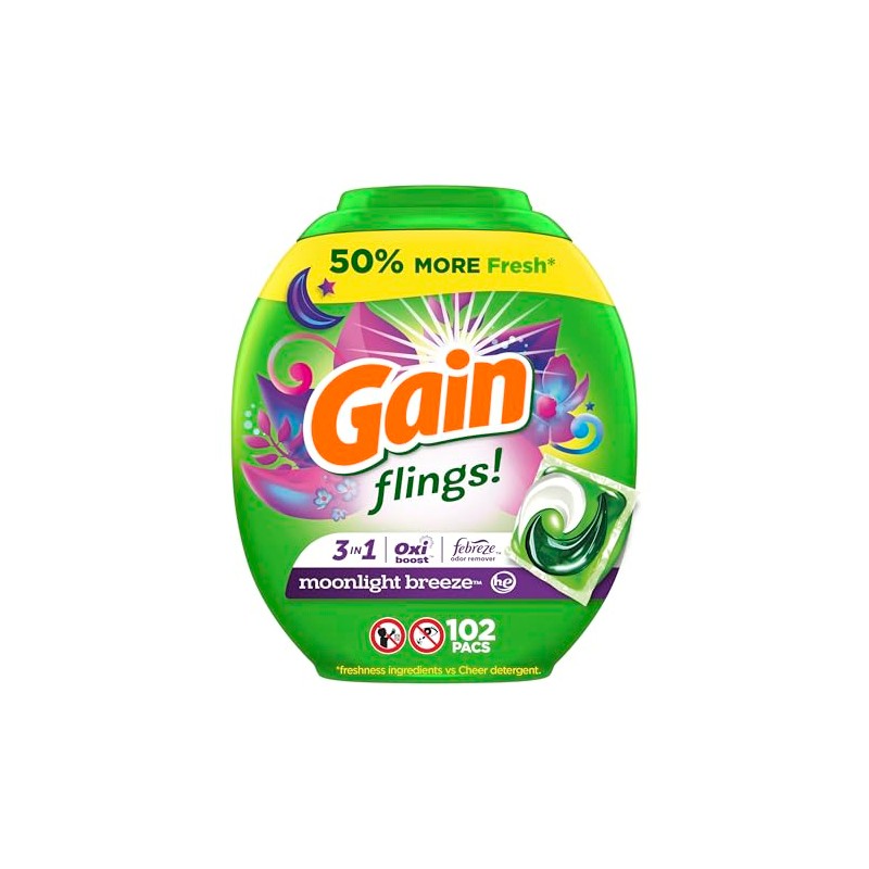 Gain Flings Laundry Detergent Pacs, 102 Count, Moonlight Breeze Scent,