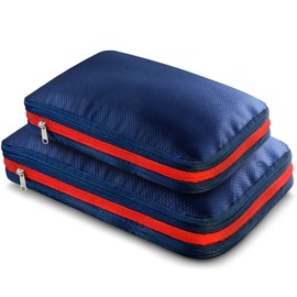 ICHIFUJI Travel Compression Bag, Travel Pouch, Compression Bag, Storage Pouch, Zipper, Business Trip, Travel, Convenient Goods, Compression to Save About 50% of Clothing Space (Set (M/L Set, Navy &