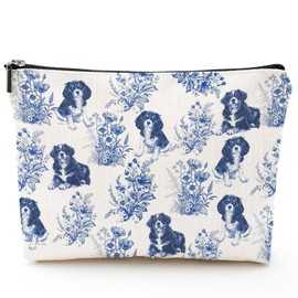 RVEAFA Cavalier King Charles Spaniel Gifts Blue French Toile Makeup Bag Cavalier Lover Gifts for Women Girls Blue Toile Bags for Dogs Mom Birthday Gift for Dog Owners, Dog Mom