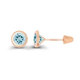 Solid 14K Rose Gold 5mm Round Natural Aquamarine March Birthstone Bezel Screw Back Stud Earrings